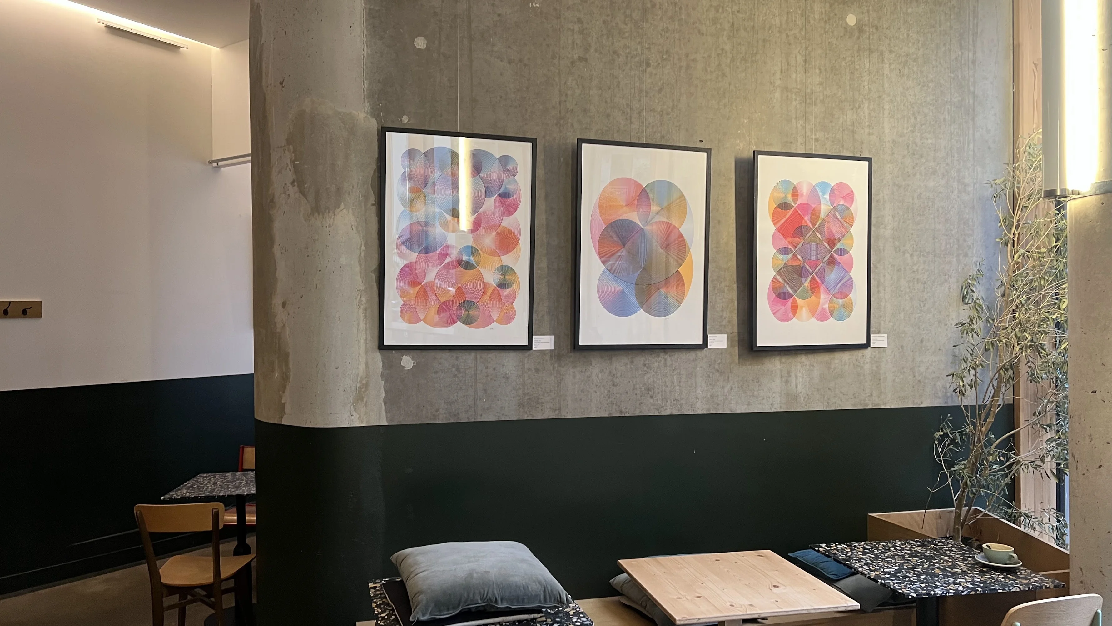 Three circular works hung at CAYO